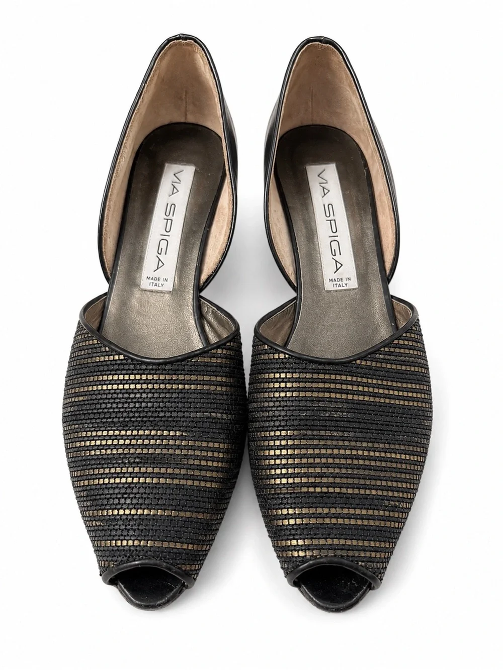 Via Spiga Black & Gold Striped Peep-Toe Wedges